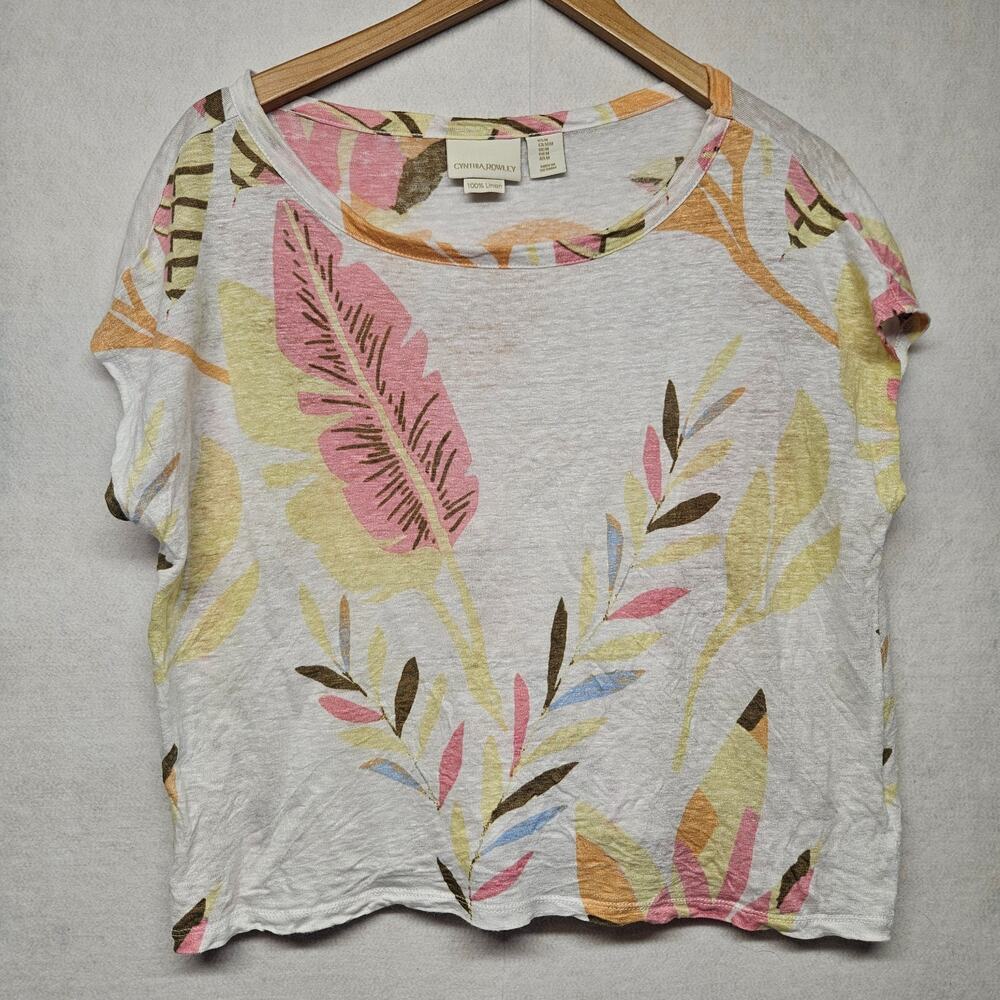Cynthia Rowley Womens Linen Floral Leaf Palm Short Sleeve Boxy Crop Top Size M